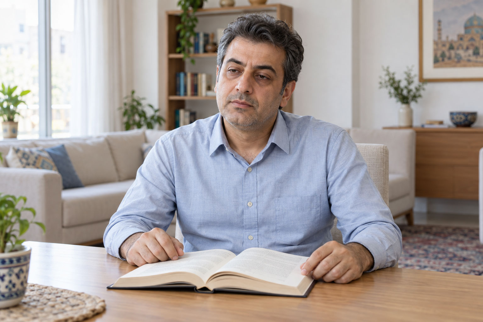 مرد بزرگسال با چشم‌های خسته کنار کتاب باز در فضای روشن خانه