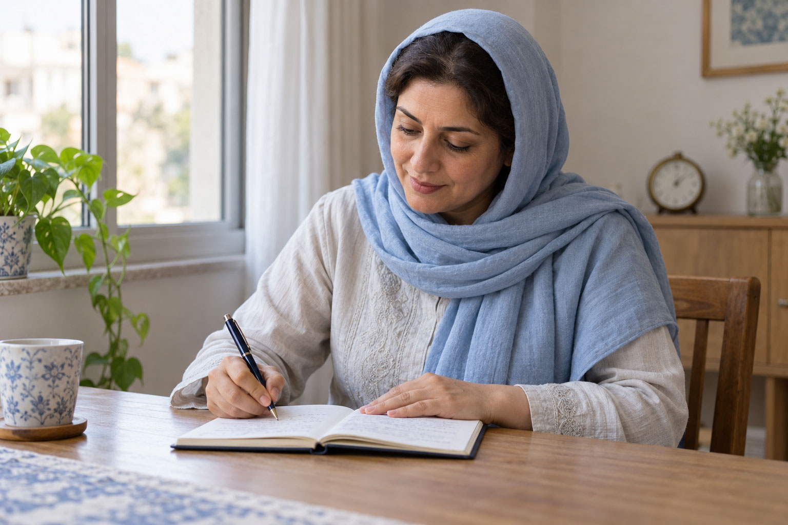 زن بزرگسال در حال یادداشتکردن اطلاعات در دفترچه کنار پنجره