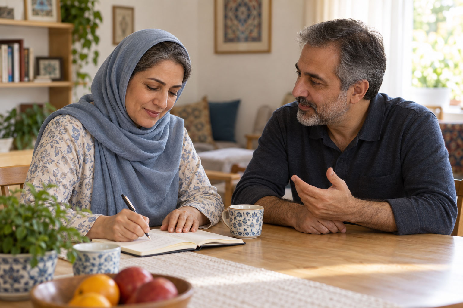 گفتوگوی دو نفر کنار میز و یادداشتکردن اطلاعات خواب در دفتر